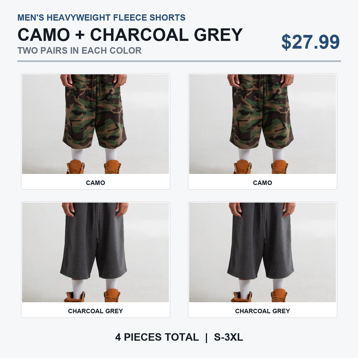 Camo and Charcoal Grey fleece shorts pack, two of each color