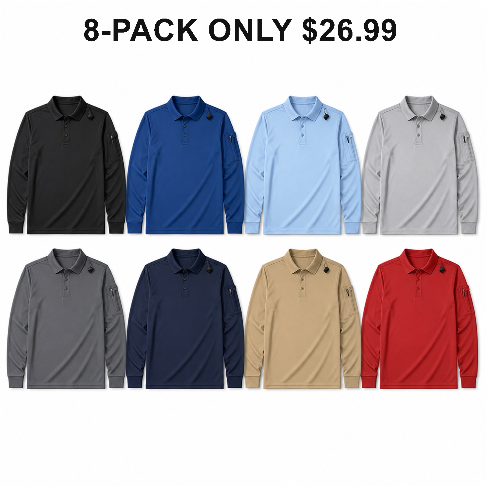 Long Sleeve Workday Color 8-pack performance polo shirts