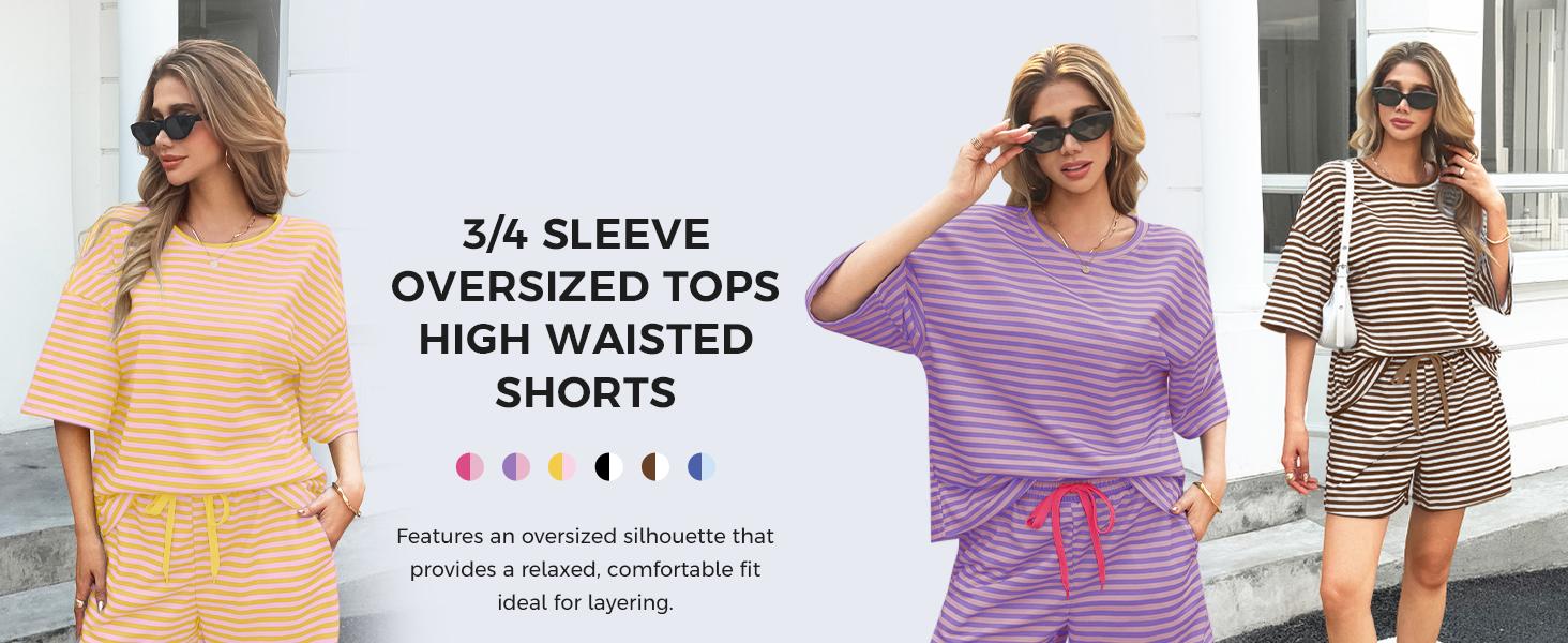 Womens Striped Short Sets 2 Piece Outfits Sweatsuits 3/4 Sleeve Pajamas Casual Lounge Sets #TikTokShopHolidayHaul