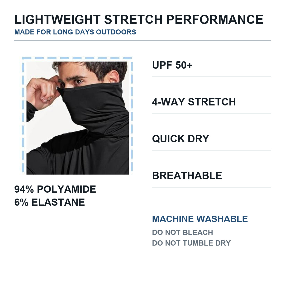 UPF 50+, stretch, quick-dry, breathable fabric details