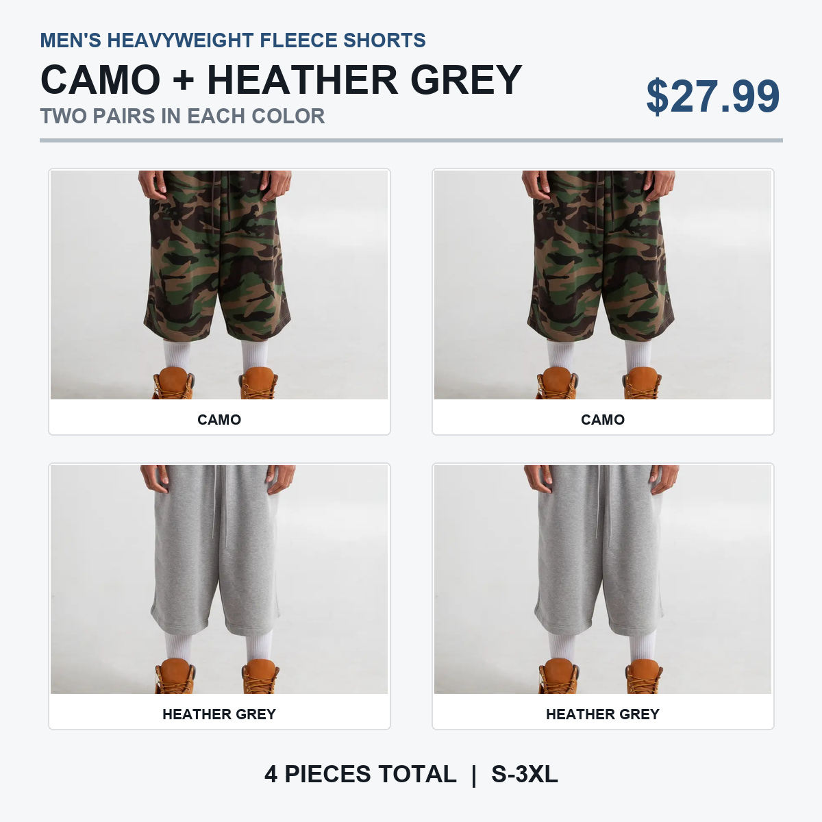 Camo and Heather Grey fleece shorts pack, two of each color