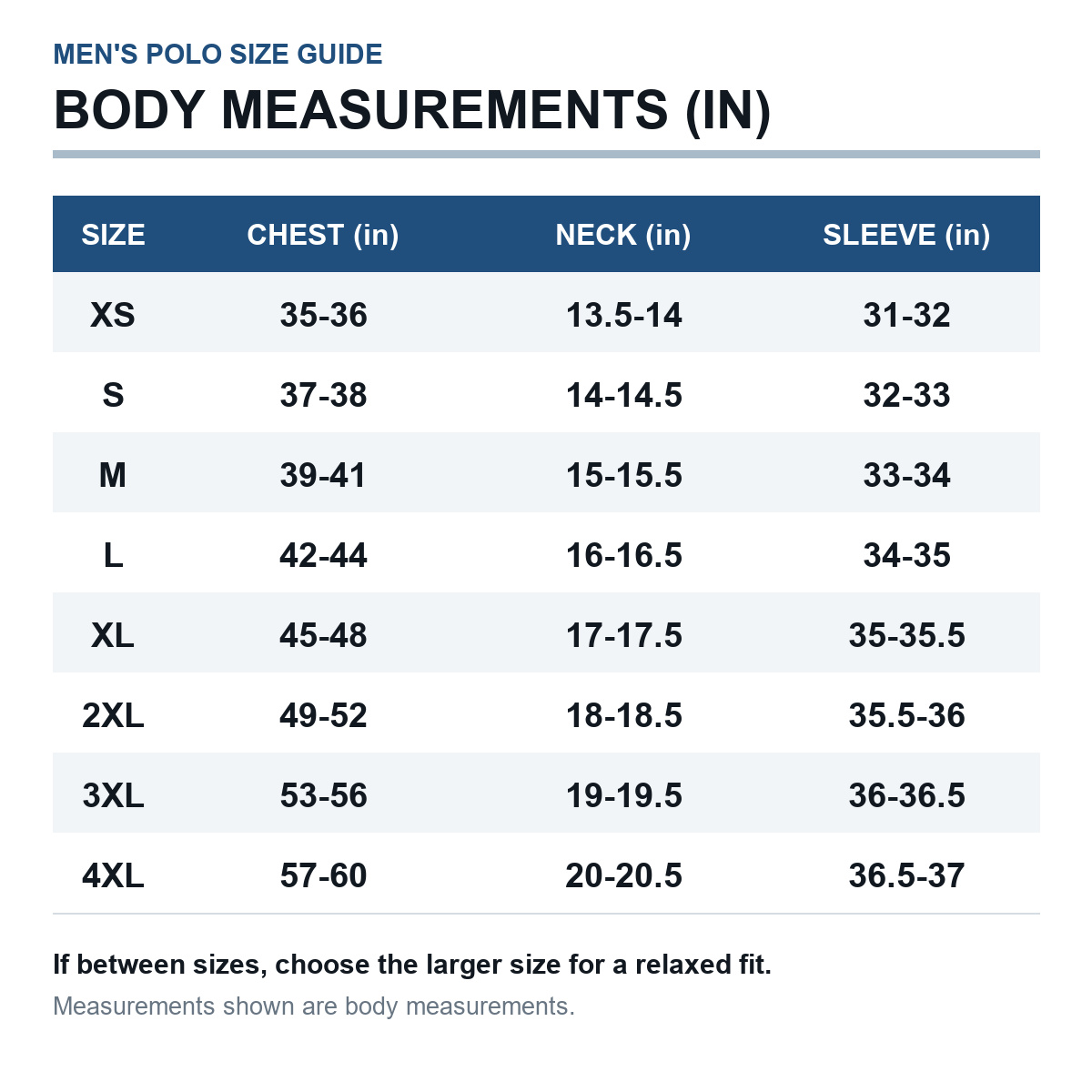 Men's polo body measurement size guide in inches XS through 4XL