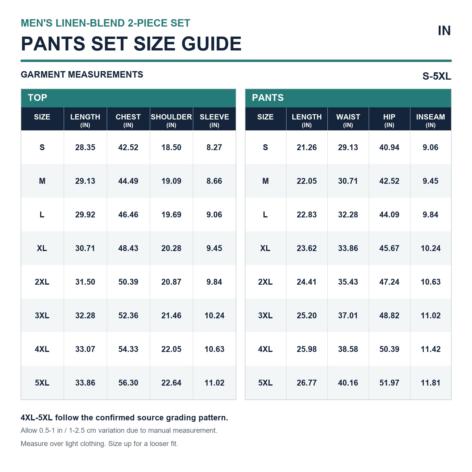 Pants set size guide in inches