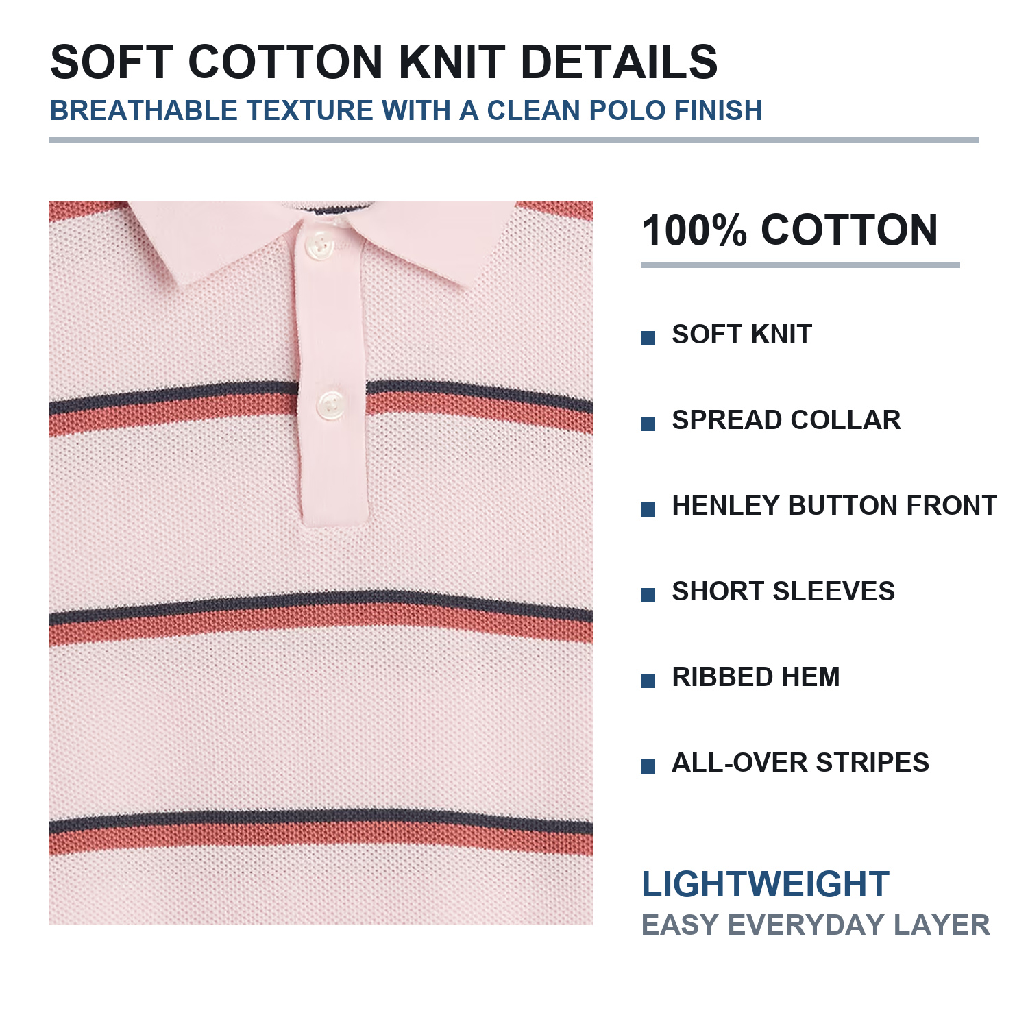 Stripe sweater polo collar, placket, ribbed trim and cotton knit details