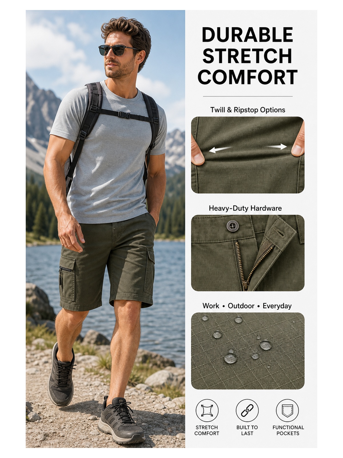Durable stretch comfort fabric and lifestyle details