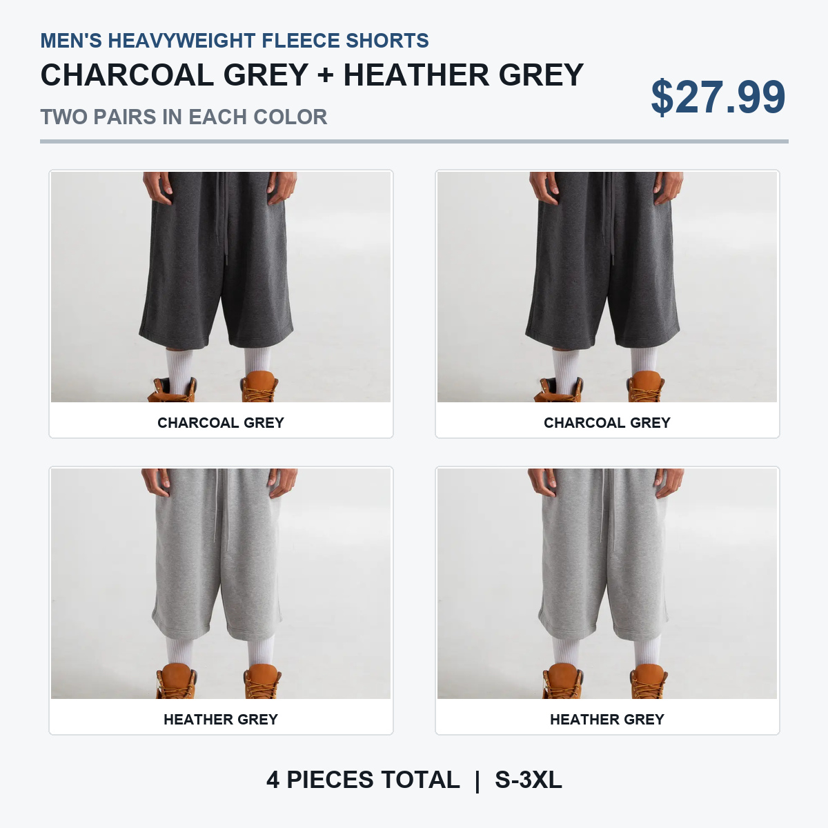 Charcoal Grey and Heather Grey fleece shorts pack, two of each color