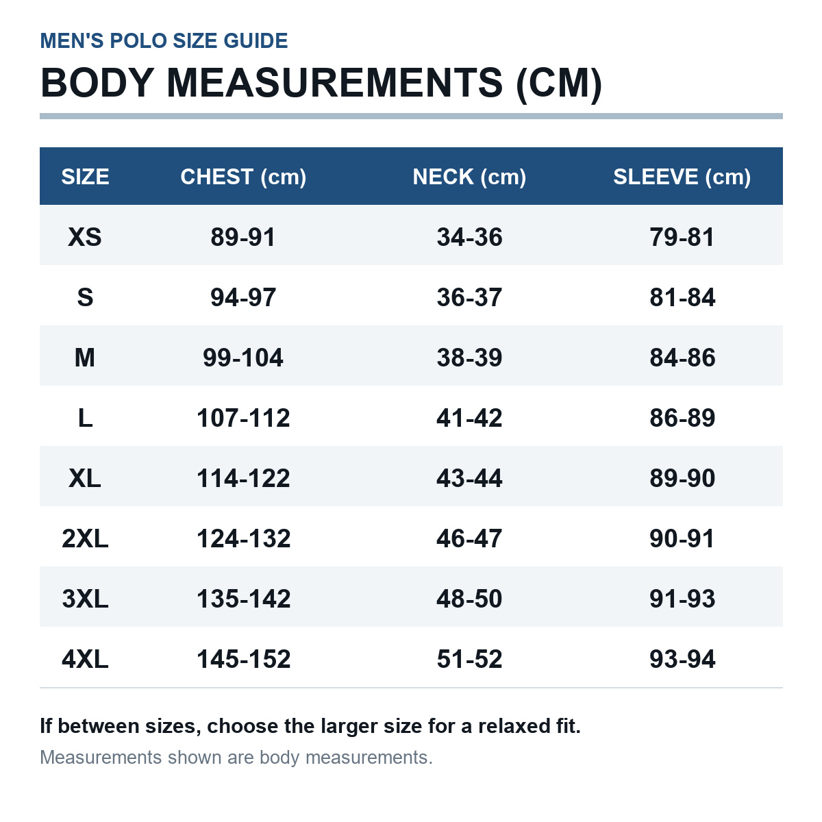 Men's polo body measurement size guide in centimeters XS through 4XL