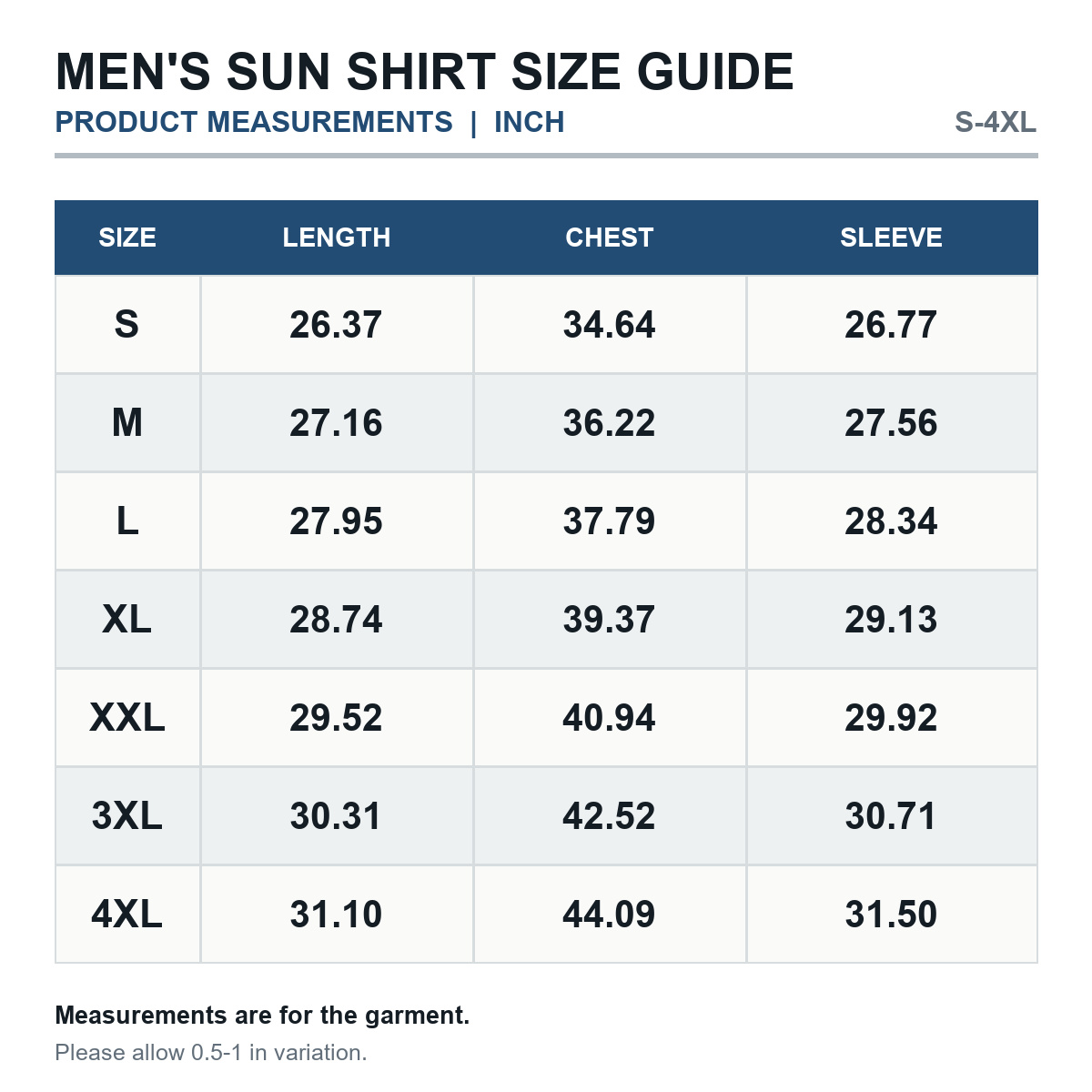 Men's hooded sun shirt product measurements in inches S through 4XL