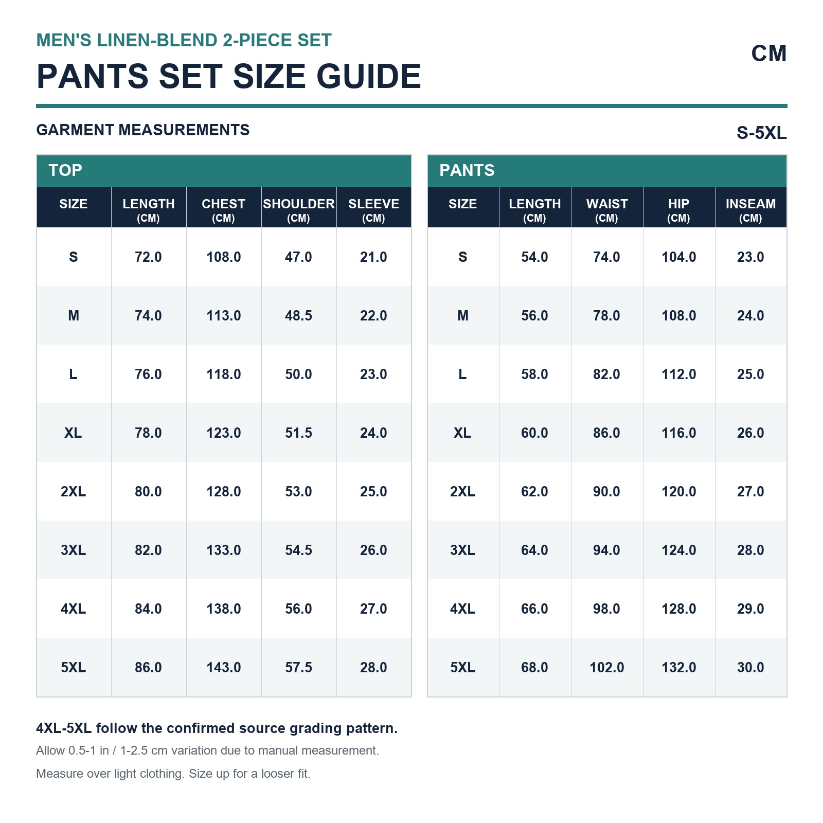 Pants set size guide in centimeters