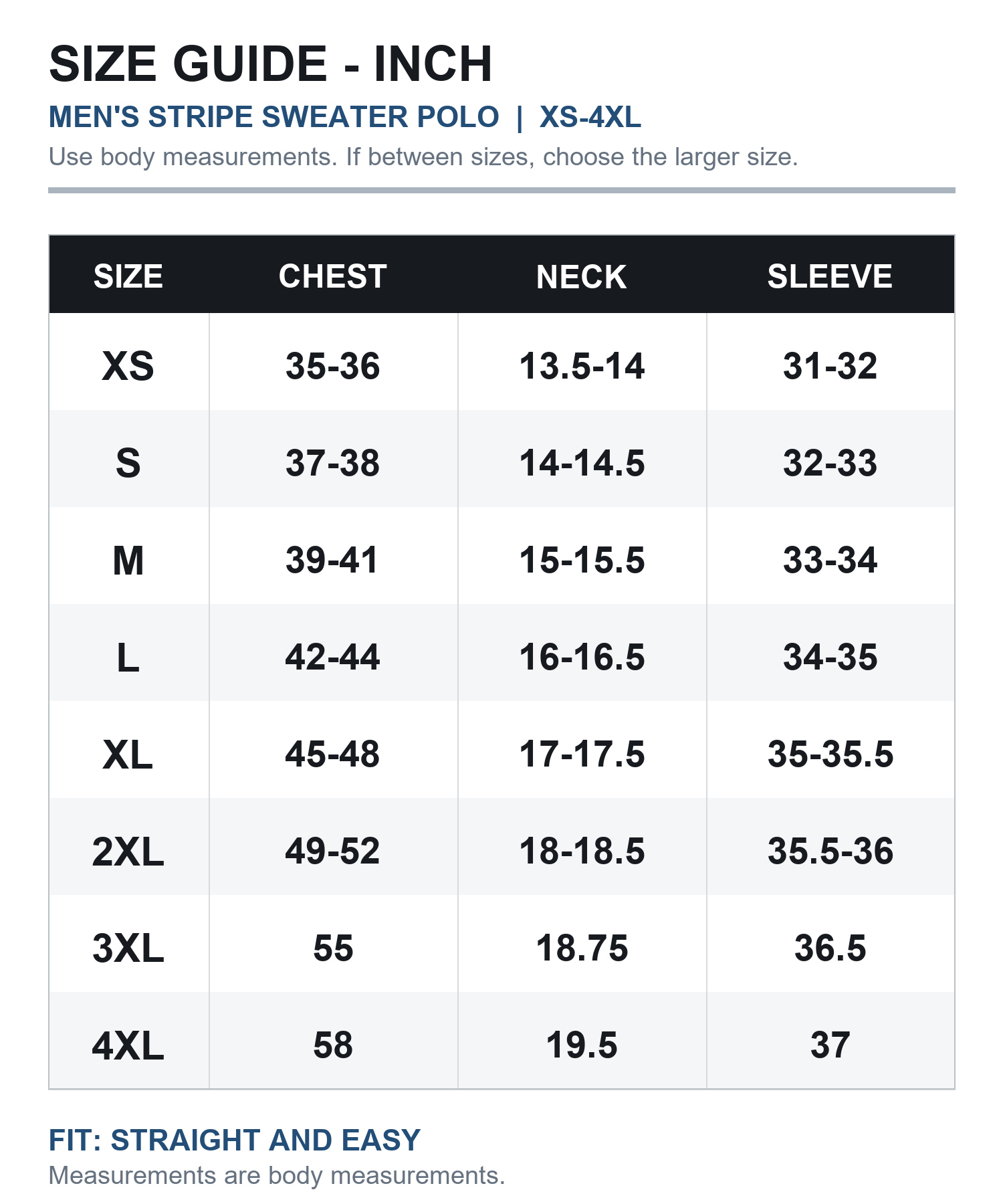 Men's stripe sweater polo size guide in inches XS through 4XL