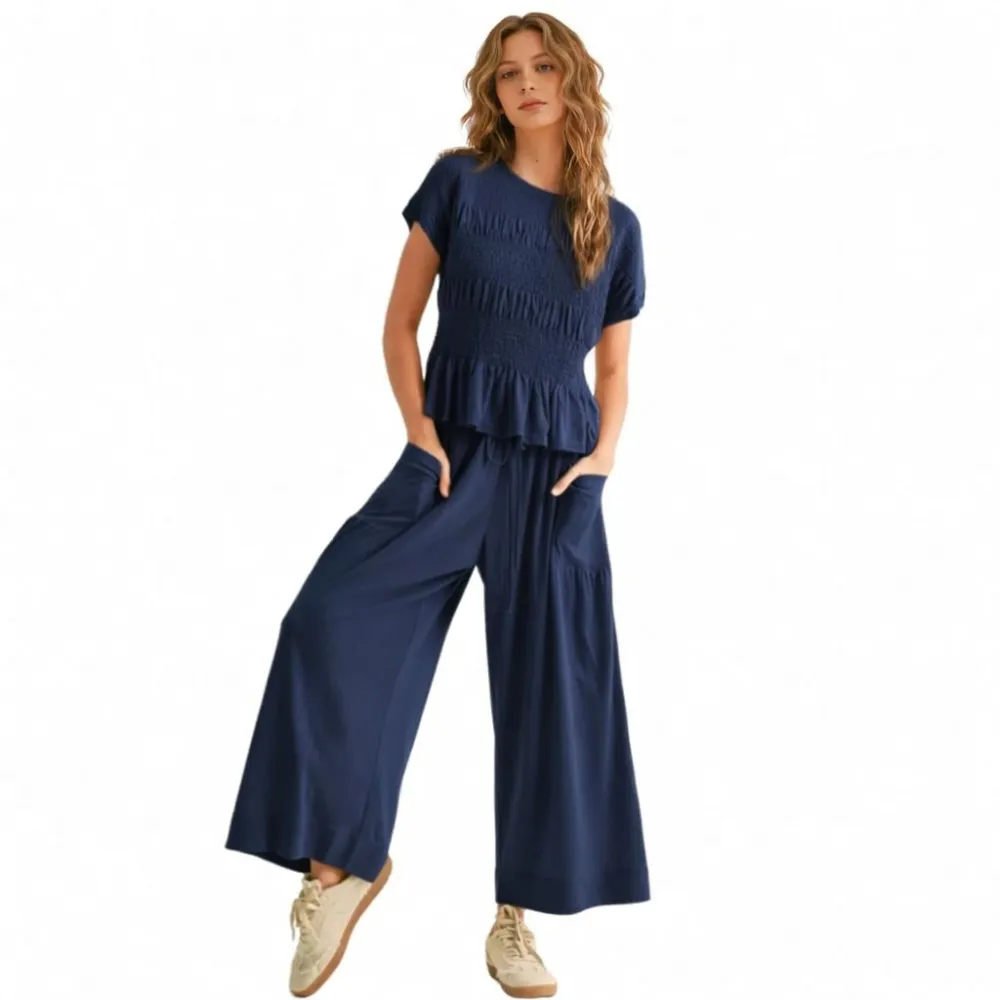 Women’s  2-Piece Smocked Top & Wide-Leg Pants Set