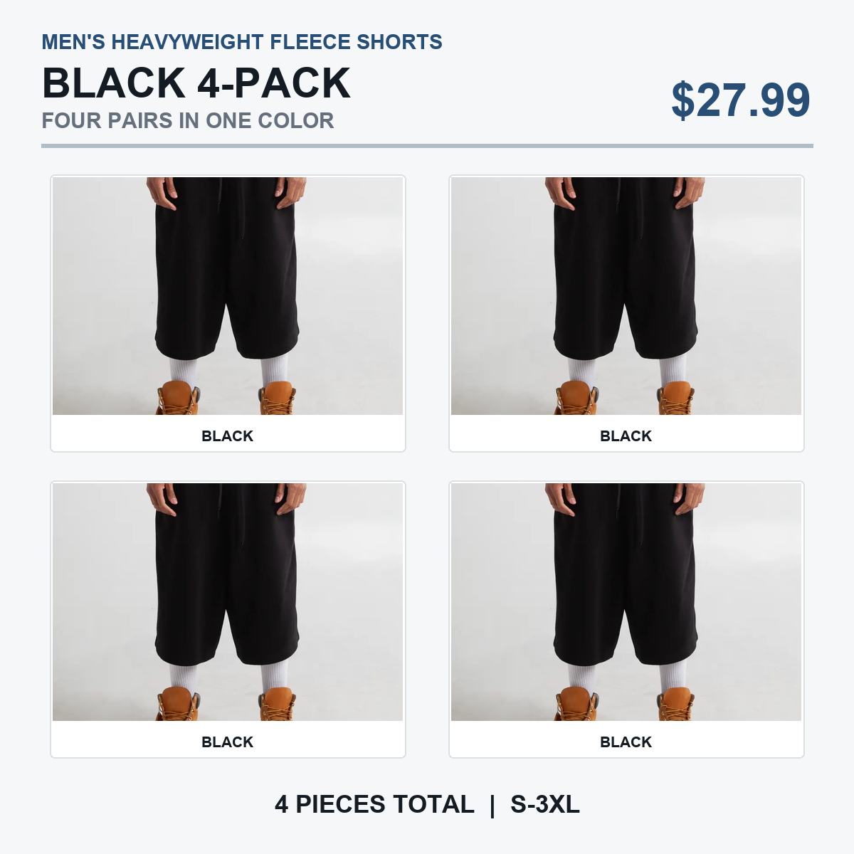 All Black four-piece fleece shorts pack