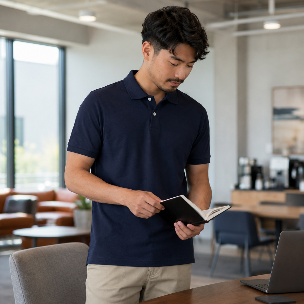 Stretch pique polo worn in a business-casual setting