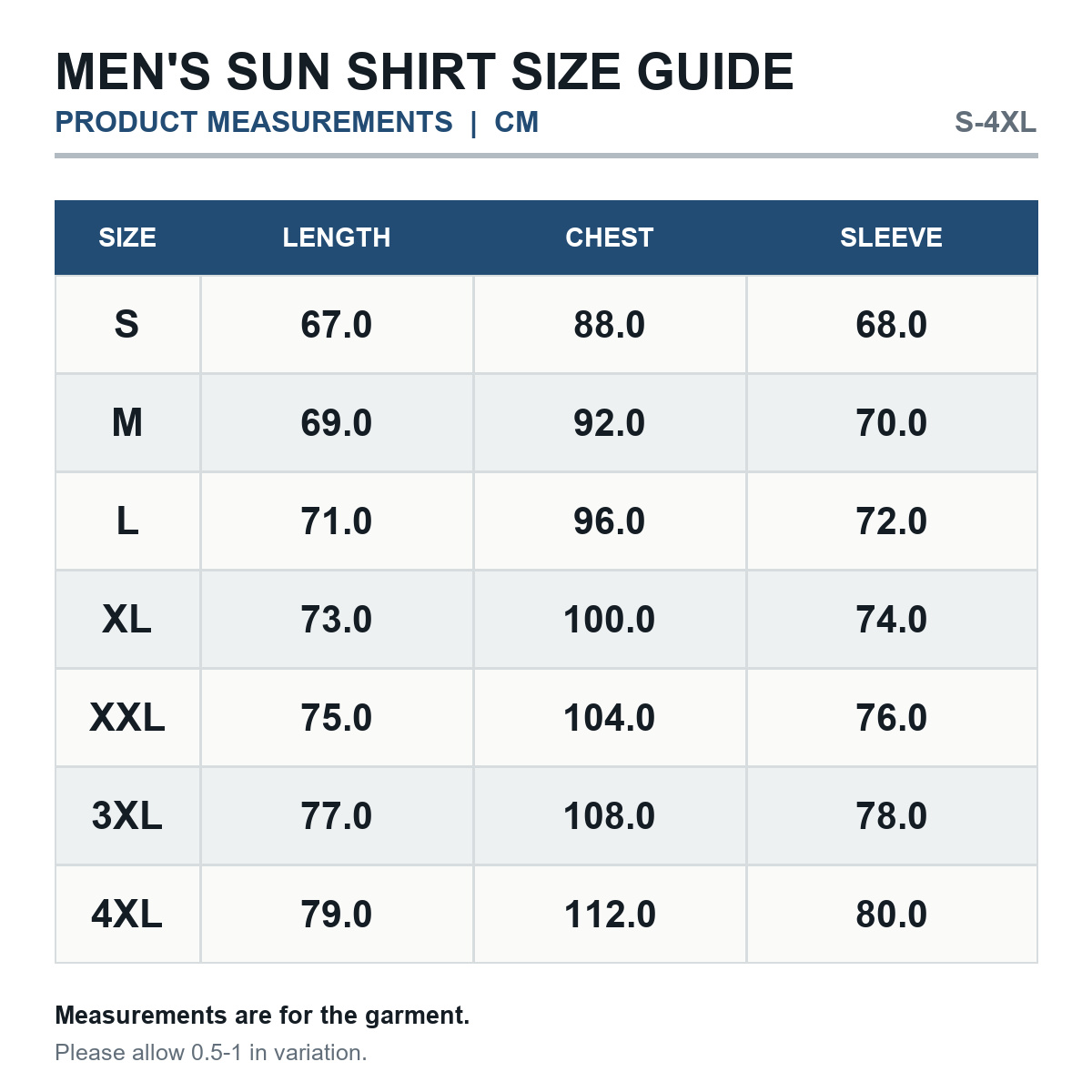 Men's hooded sun shirt product measurements in centimeters S through 4XL