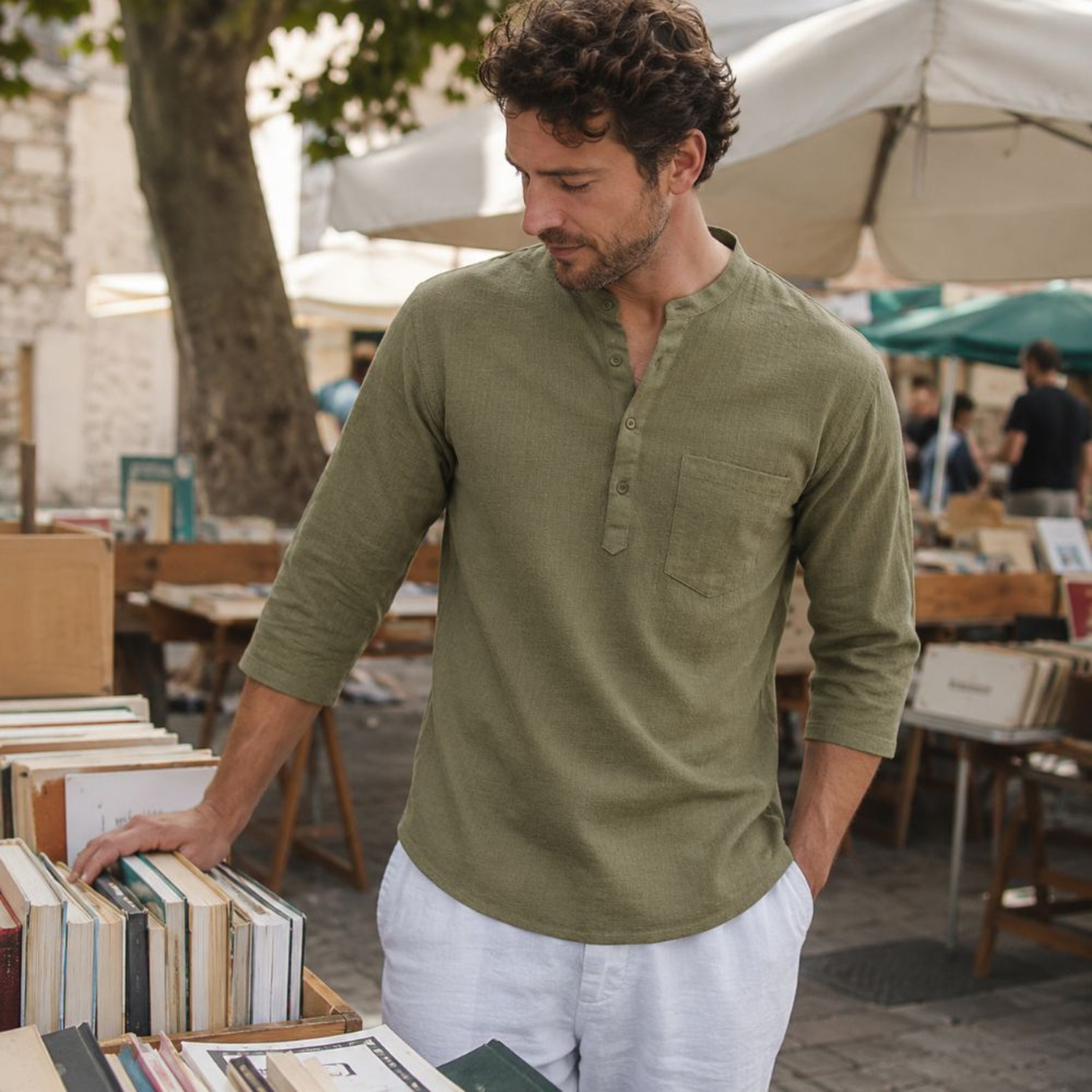 Men's cotton-linen henley shirt styled for weekend leisure