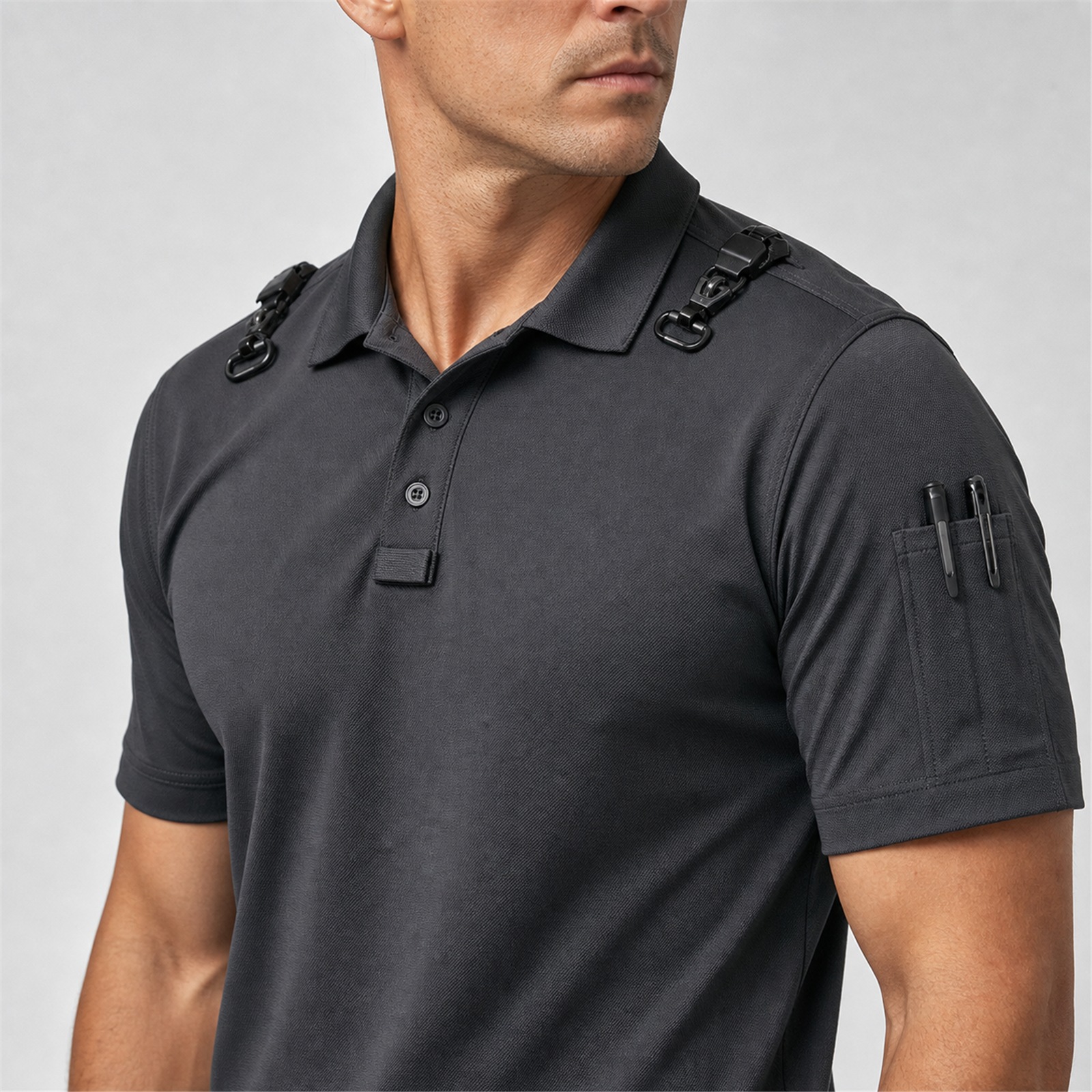 Shoulder mic clips placket loop and sleeve pen pocket details