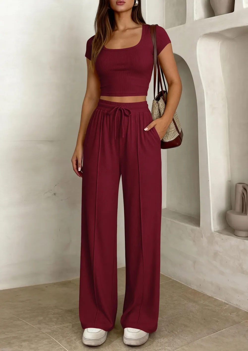 Women's 2 Piece Outfits Square Neck Crop Top High Waist Wide Leg Pants Loungewear Set