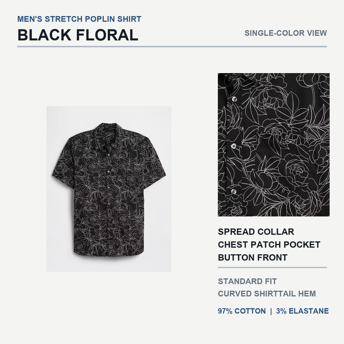 Black Floral stretch poplin shirt