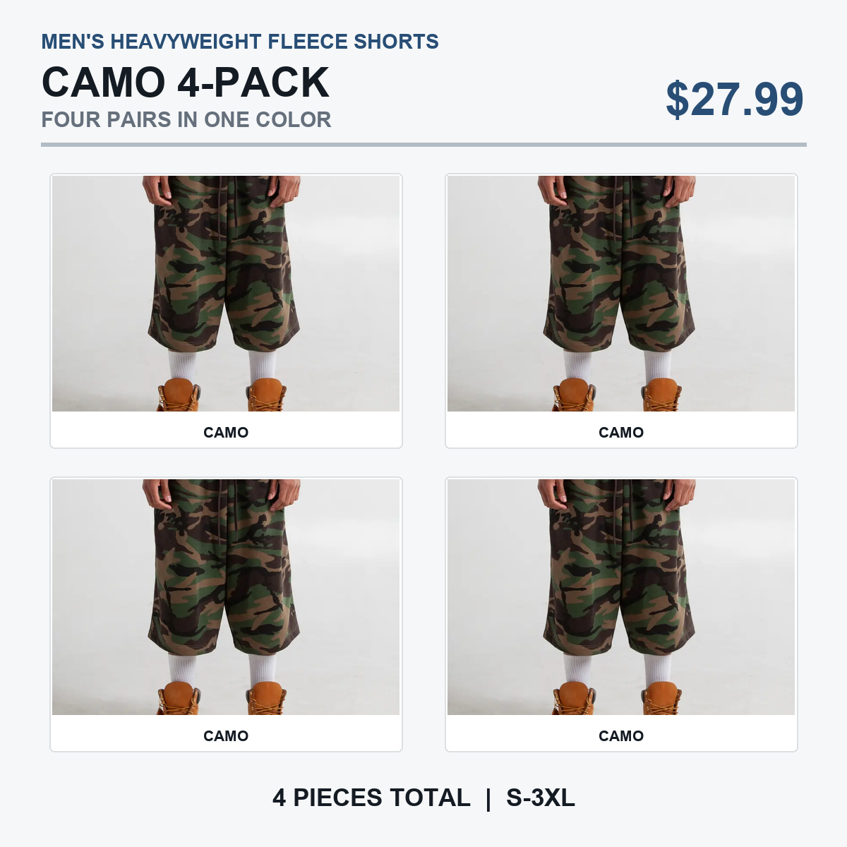 All Camo four-piece fleece shorts pack
