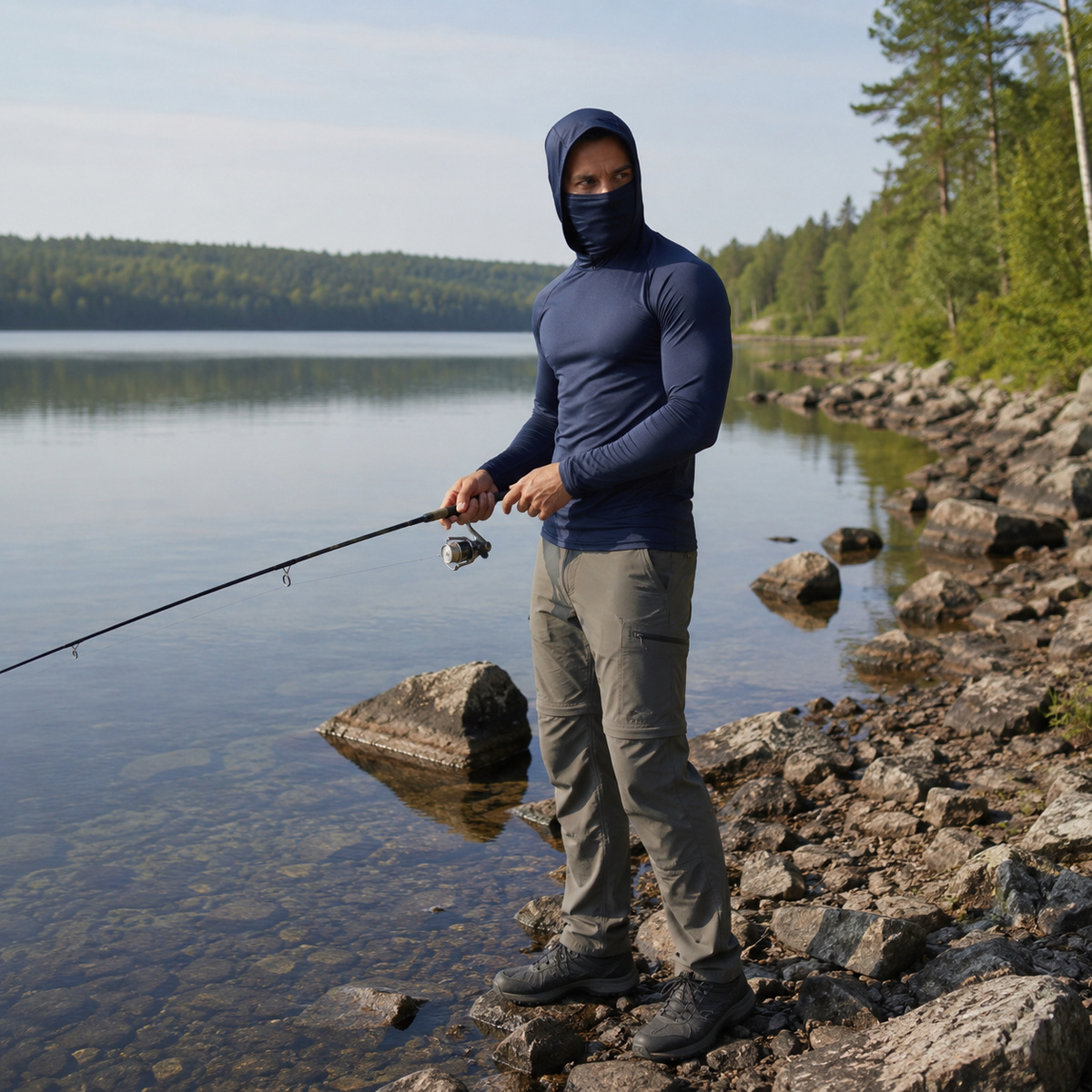 Navy Blue hooded sun shirt worn for fishing