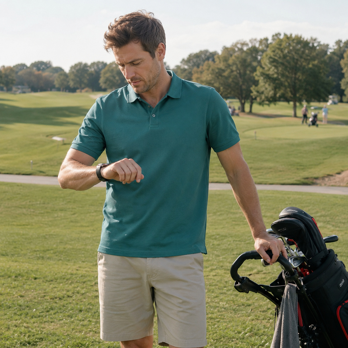 Stretch pique polo worn on a golf course