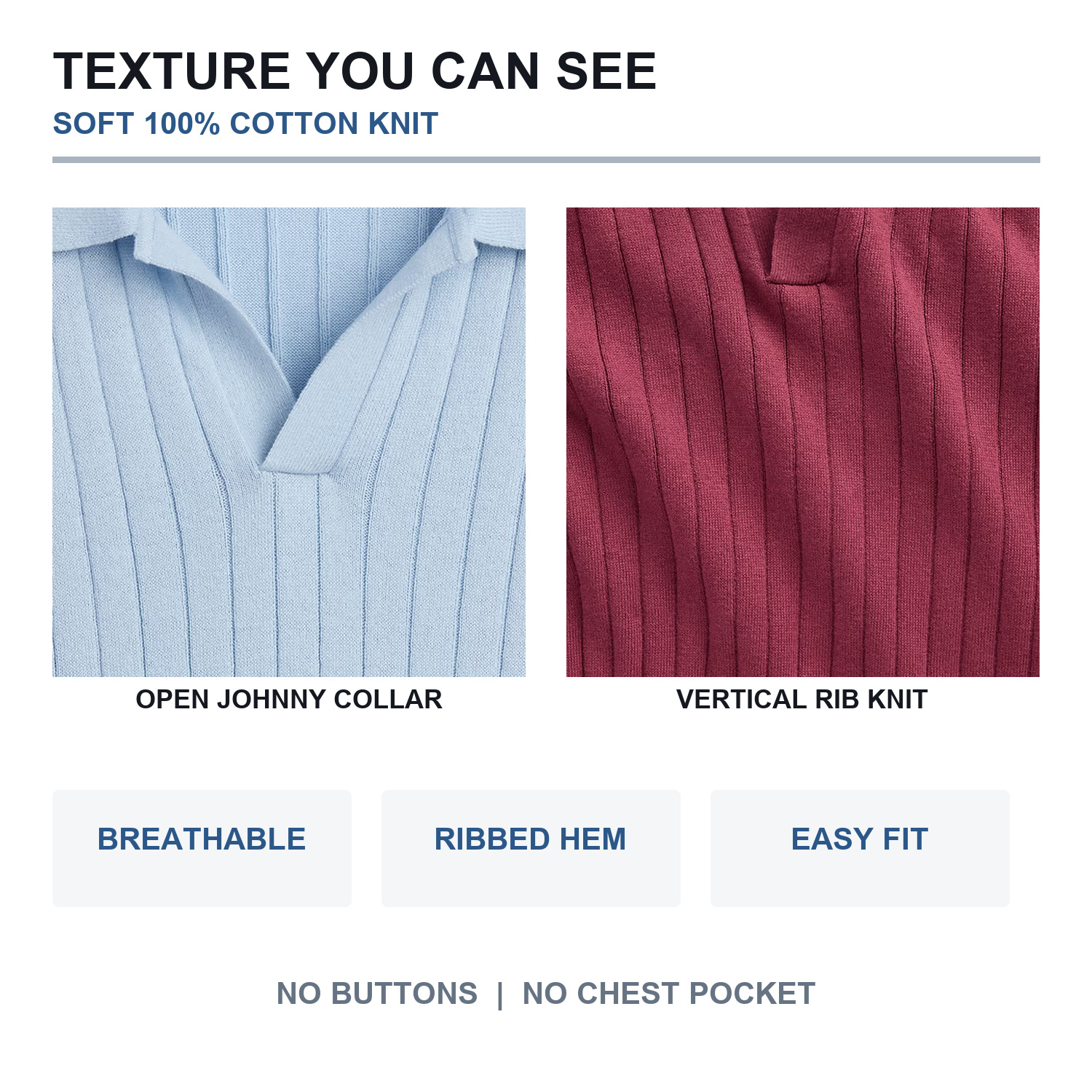 Open Johnny collar, vertical rib knit, short sleeve and ribbed hem details