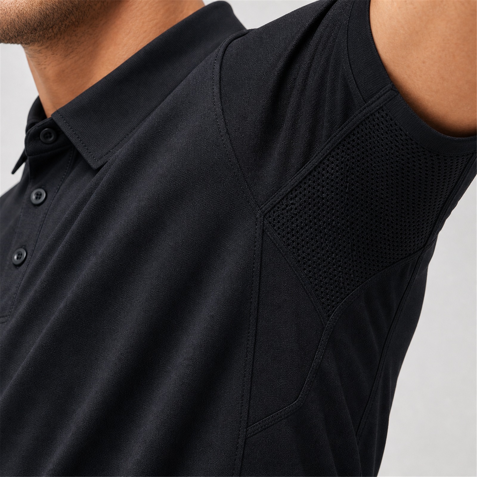Gusseted mesh underarm ventilation detail