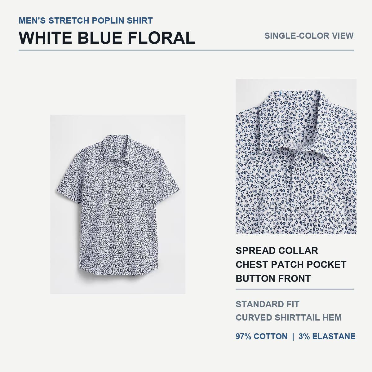 White Blue Floral stretch poplin shirt