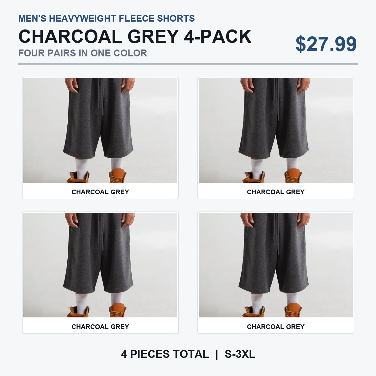 All Charcoal Grey four-piece fleece shorts pack