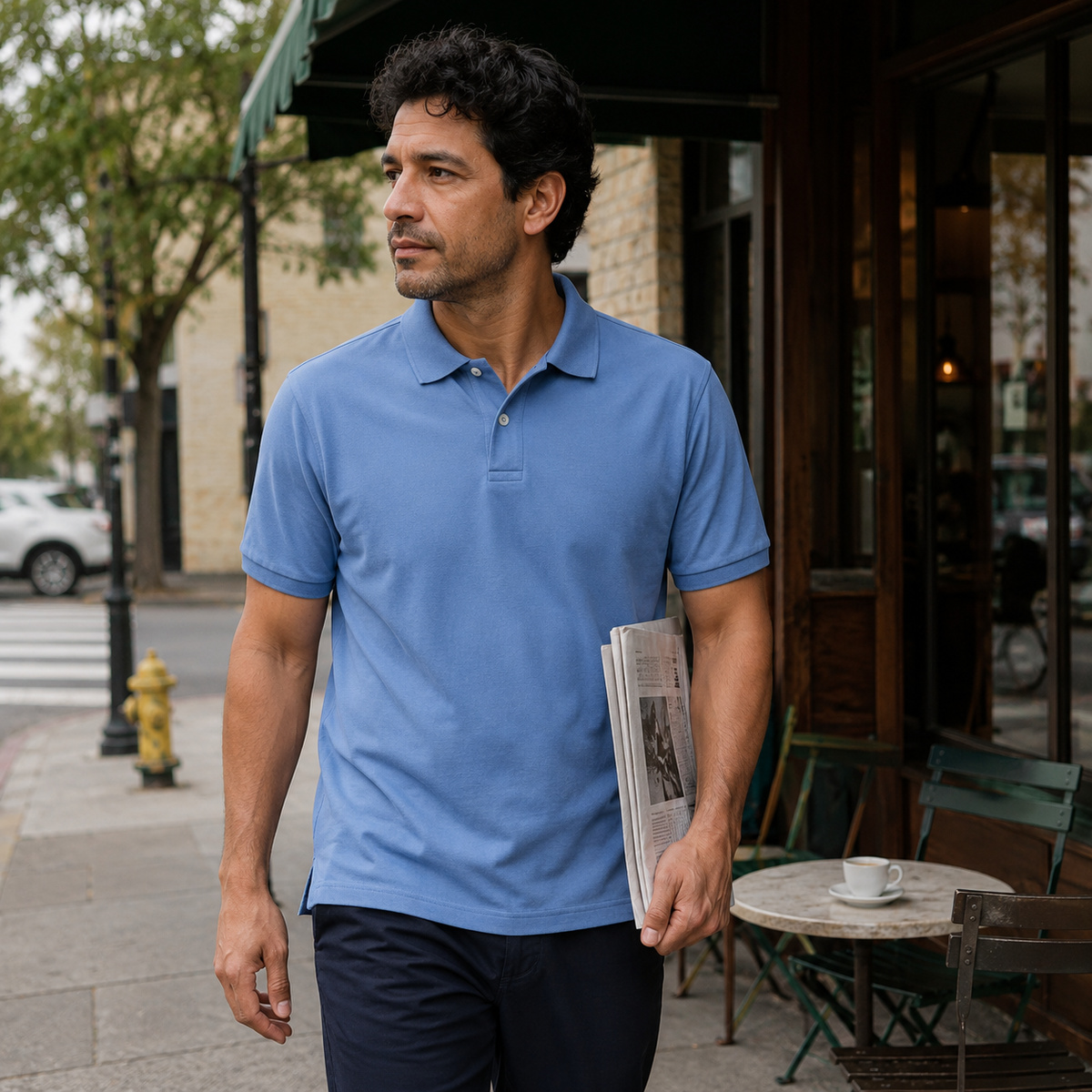 Stretch pique polo worn for a casual city day