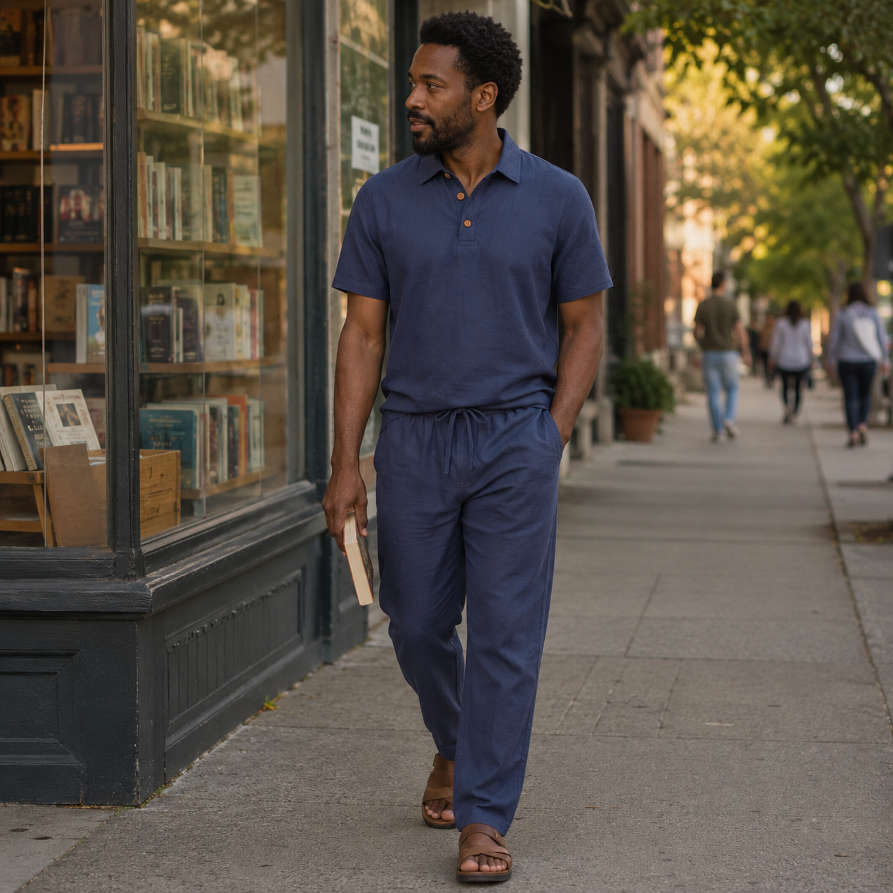 Linen-blend two-piece set worn for city daily life