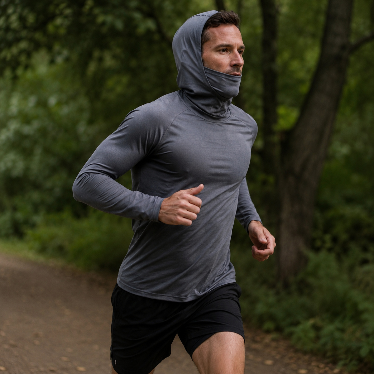 Light Gray hooded sun shirt worn for outdoor running