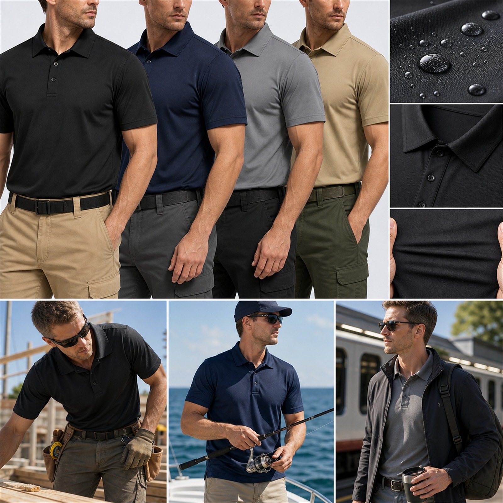 Moisture-wicking UPF outdoor work and casual performance polo scenes