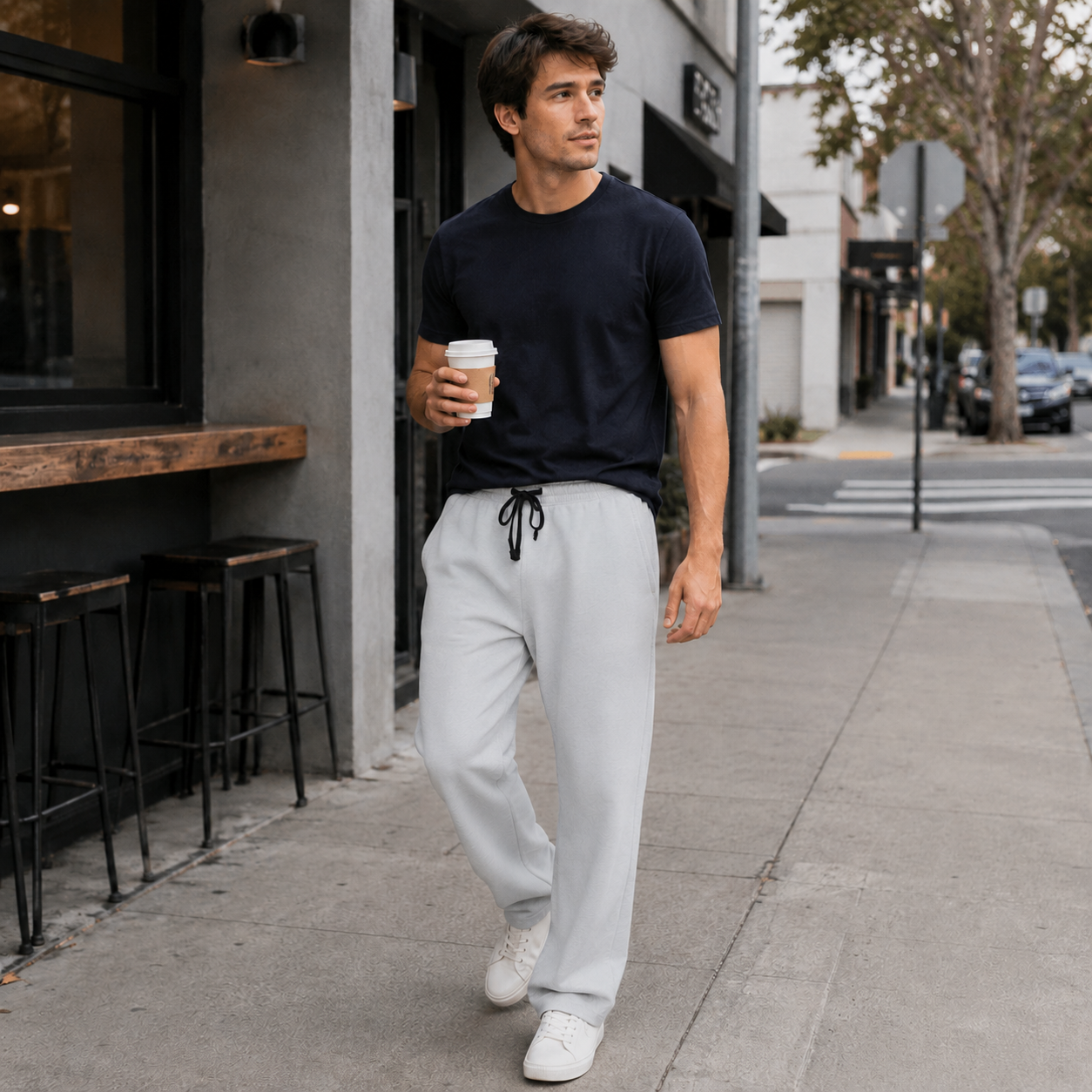 Men's zipper side-pocket relaxed pants styled for casual city wear