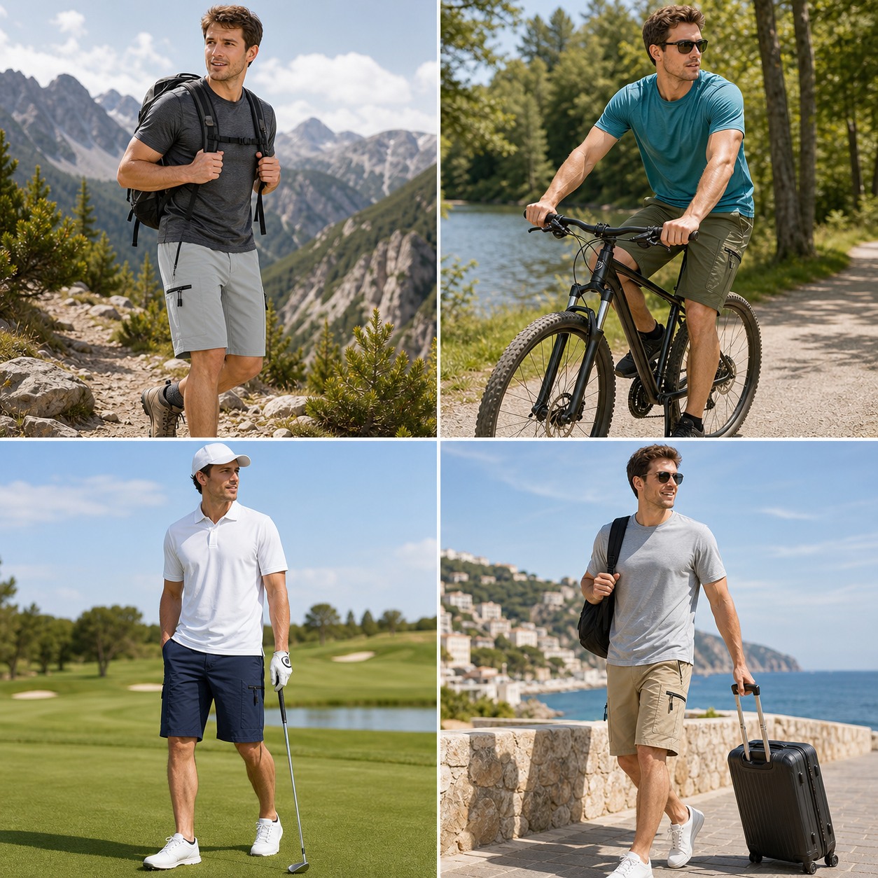Multi-scene outdoor use collage for hiking cargo shorts