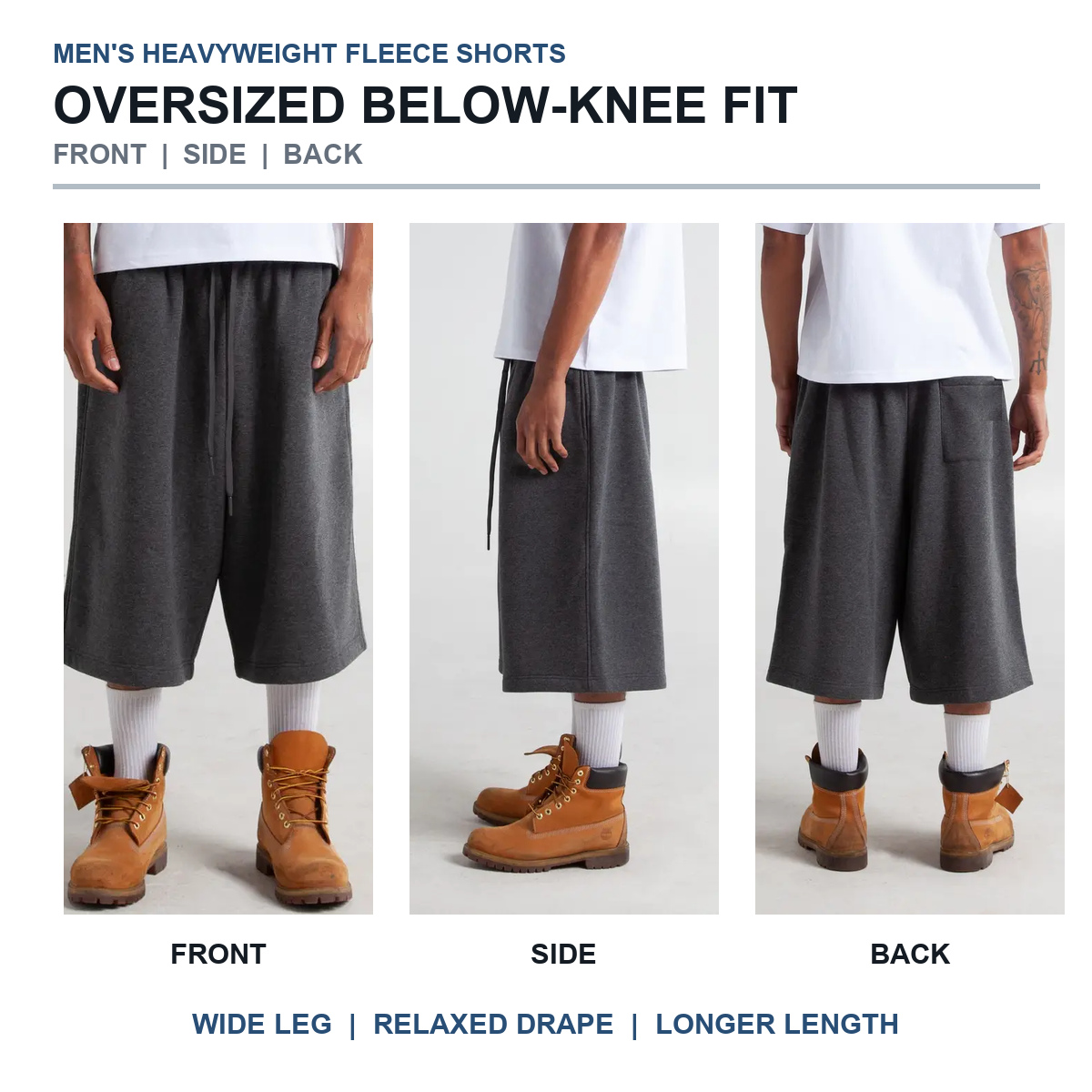 Front, side, and back views of heavyweight baggy fleece shorts