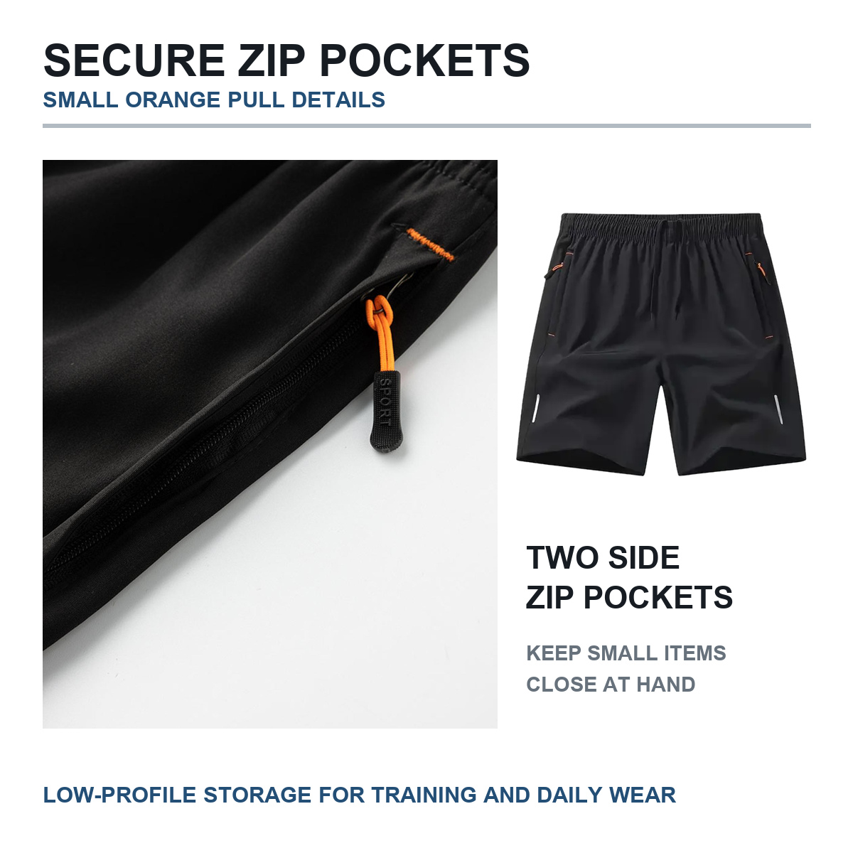 Side zipper pockets and orange pull details