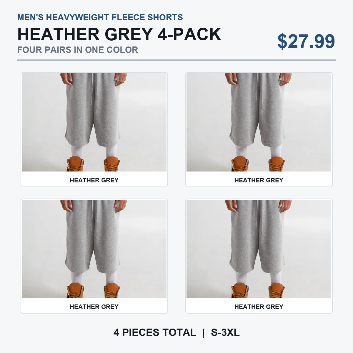 All Heather Grey four-piece fleece shorts pack