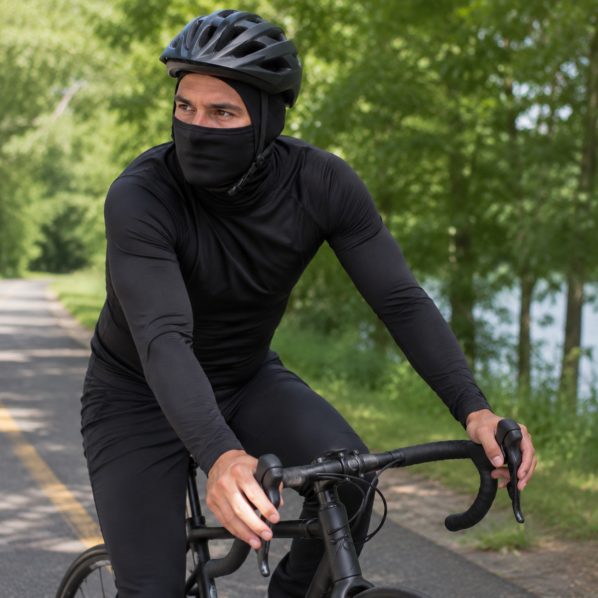 Pure Black hooded sun shirt worn for cycling