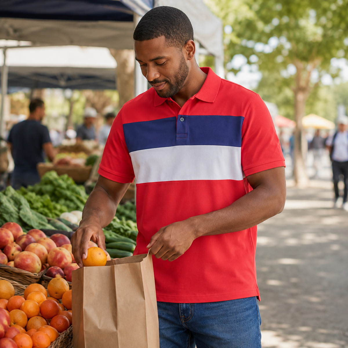 Colorblock stretch pique polo worn for weekend leisure