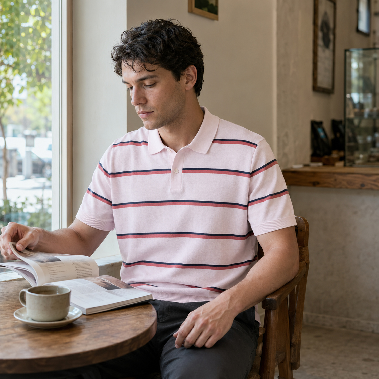 Men's stripe sweater polo styled for a relaxed cafe visit