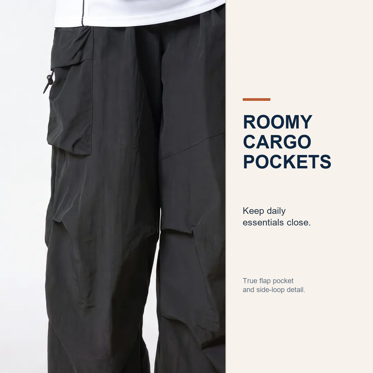 Outer-thigh flap cargo pocket detail