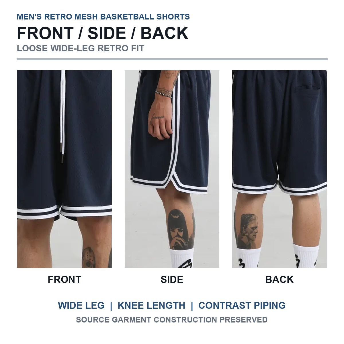 Front, side, and back views of retro basketball shorts