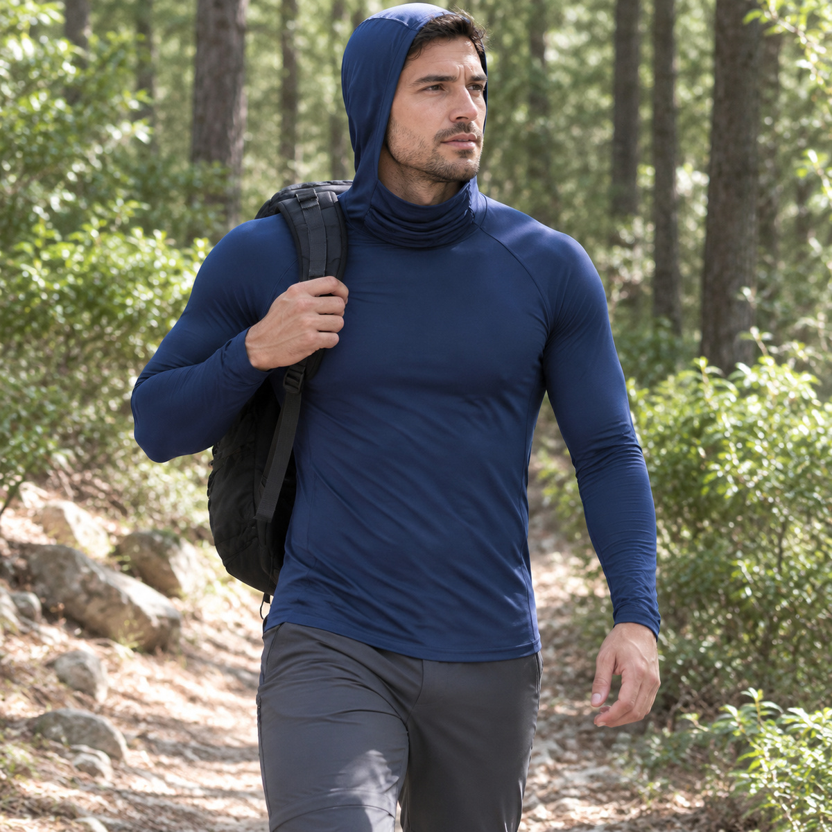 Navy Blue hooded sun shirt worn for hiking and outdoor work