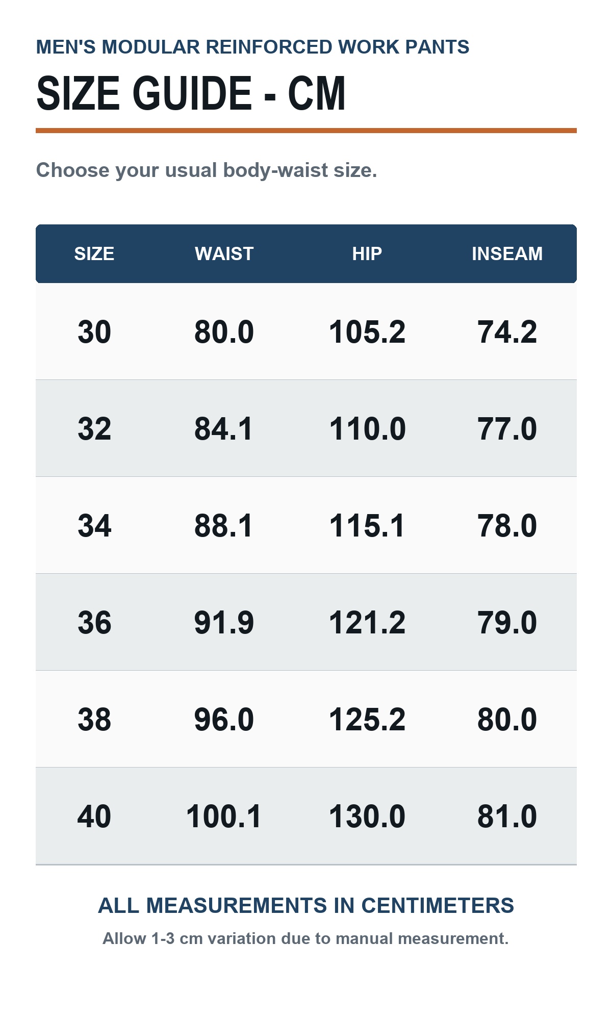 Modular reinforced work pants size guide in centimeters, sizes 30 through 40