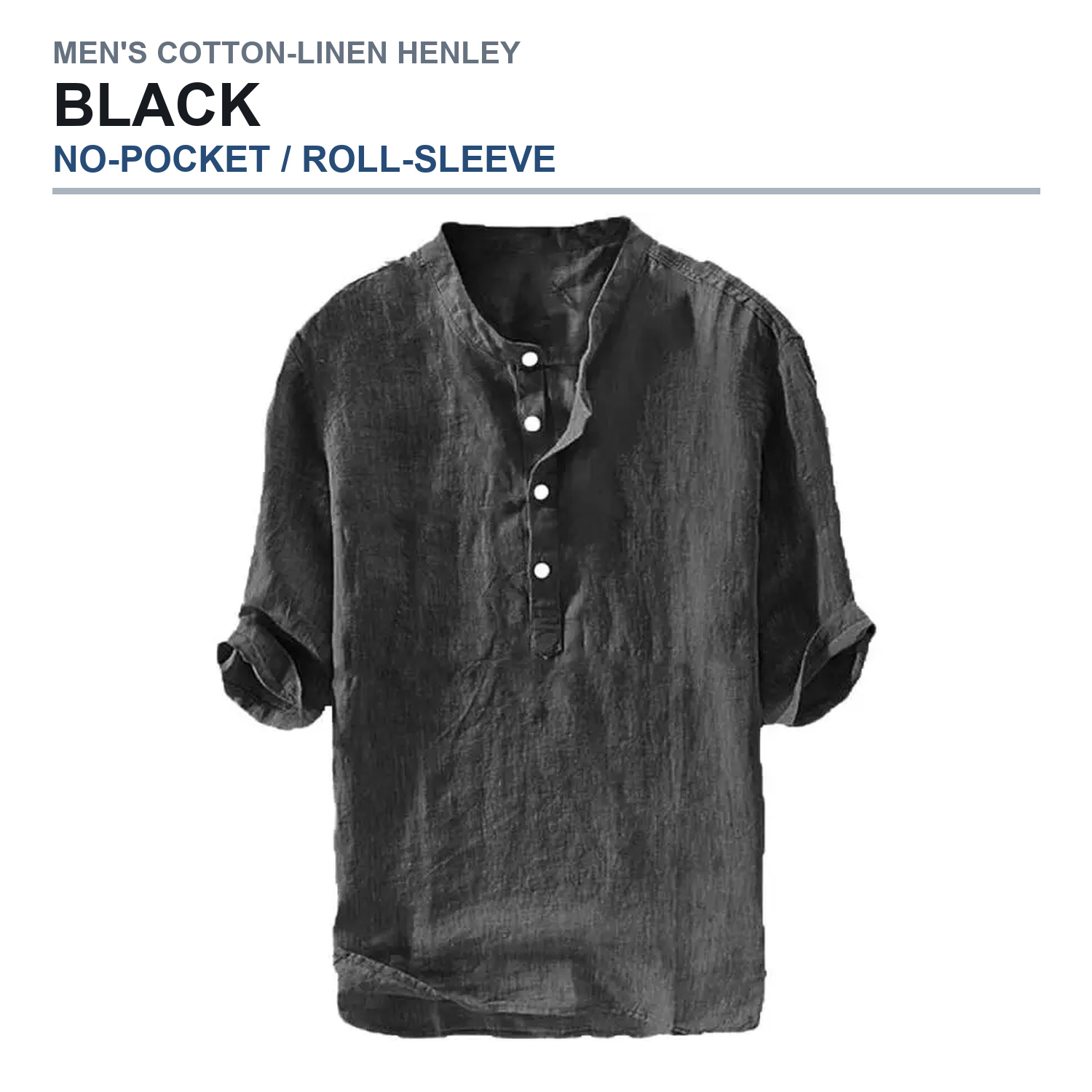 No-pocket roll-sleeve henley shirt in black
