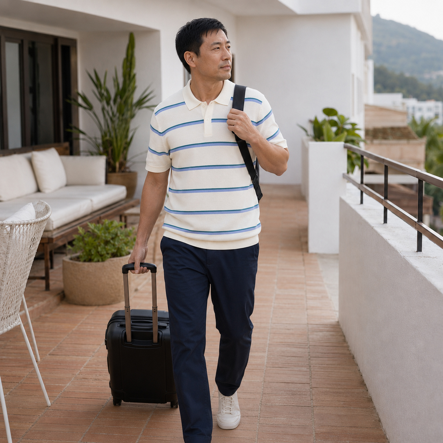 Men's stripe sweater polo worn for casual travel