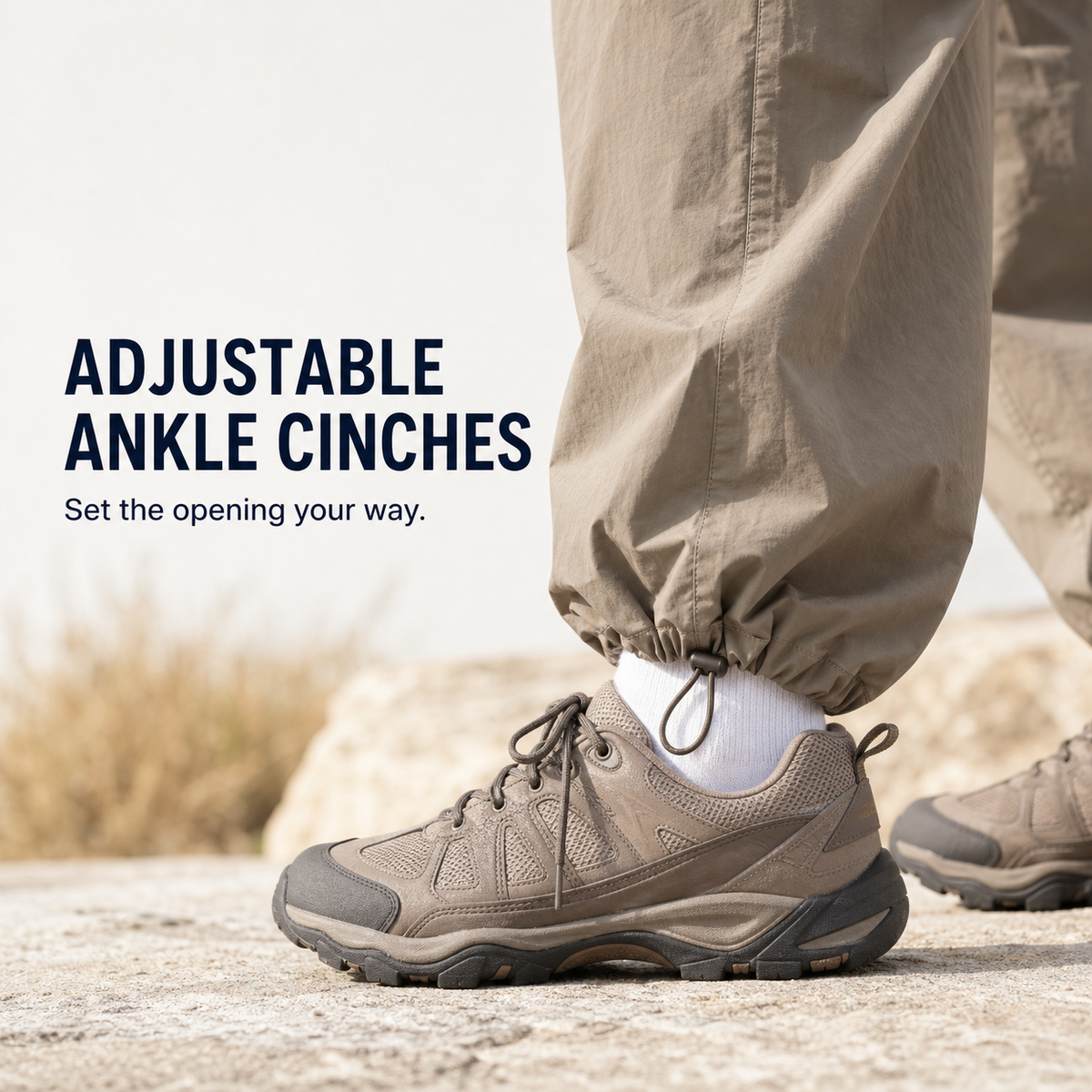 Adjustable gathered ankle cinch detail