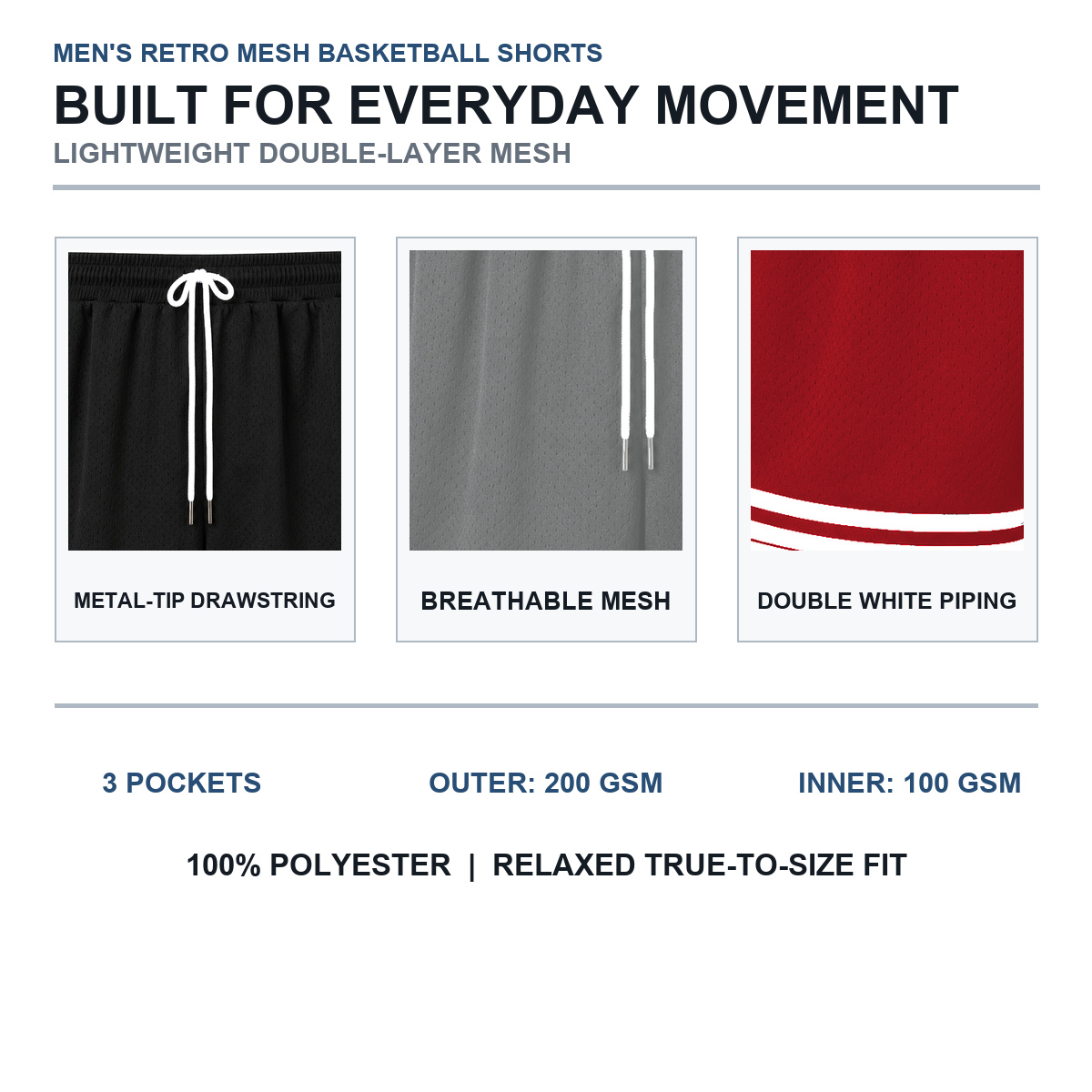 Double-layer mesh, piping, pockets, and drawstring details