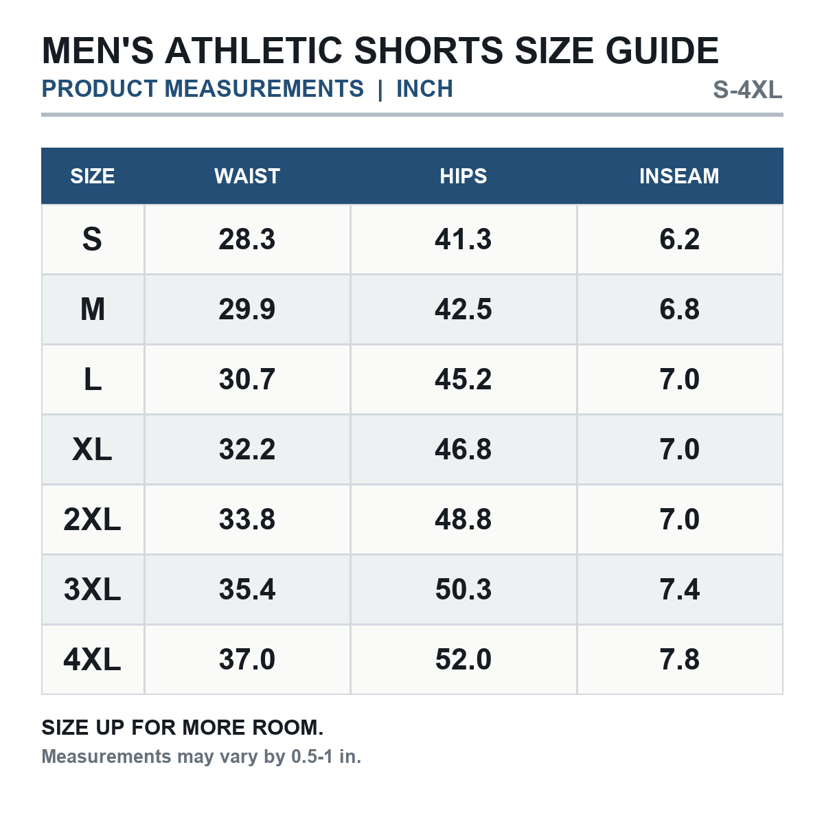 Men's athletic shorts product measurements in inches S through 4XL